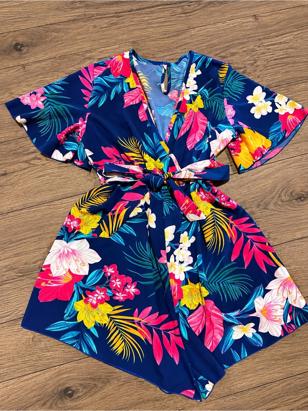 Navy Tropical Floral Wrap Romper with Bright Multicolor Blooms